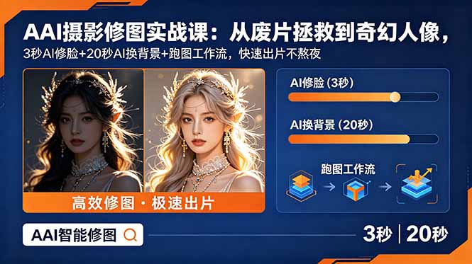 AI摄影修图实战课：从废片拯救 到 奇幻人像，3秒AI修脸+20秒AI换背景+跑图工作流，快速出片不熬夜-源创文化