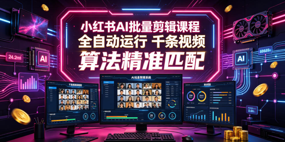 小红书AI批量剪辑课程,24小时全自动运行,解放双手专注运营,千条视频批量处理,小红书算法精准匹配-源创文化