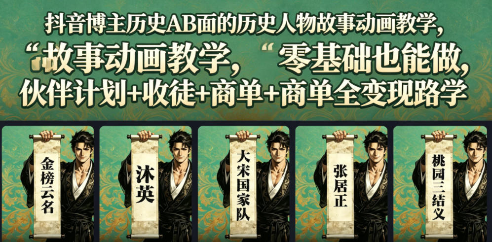 抖音博主历史AB面的历史人物故事动画教学，零基础也能做，伙伴计划+收徒+商单全变现路径教学-源创文化