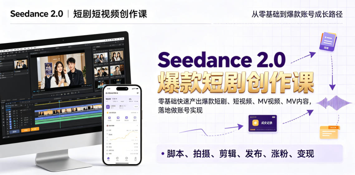 Seedance 2.0短剧短视频创作课,零基础快速产出爆款短剧、短视频、MV内容,落地做账号实现变现-源创文化