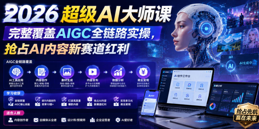 2026超级AI大师课,完整覆盖AIGC全链路实操,抢占AI内容新赛道红利-源创文化