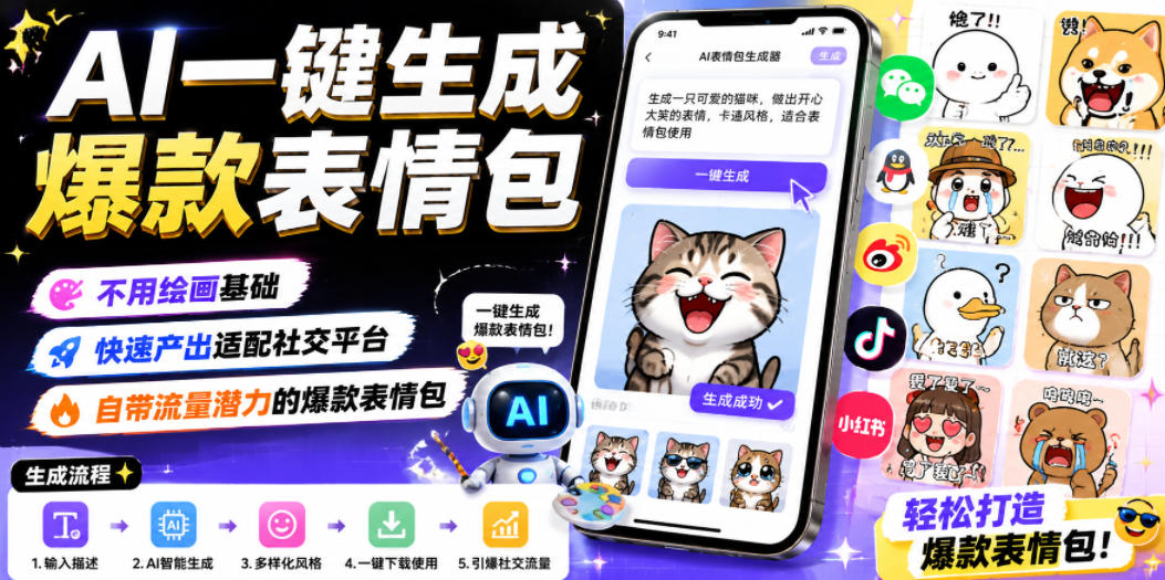 AI一键生成爆款表情包,不用绘画基础,快速产出适配社交平台,自带流量潜力的爆款表情包-源创文化