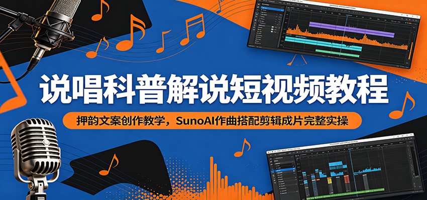 说唱科普解说短视频教程:押韵文案创作教学,SunoAI作曲搭配剪辑成片完整实操-源创文化