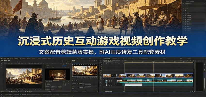 沉浸式历史互动游戏视频创作教学:文案配音剪辑蒙版实操,附AI画质修复工具配套素材-源创文化