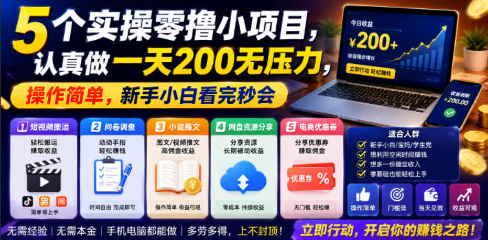 5个实操零撸小项目，认真做一天200无压力，操作简单，新手小白看完秒会【揭秘】-源创文化