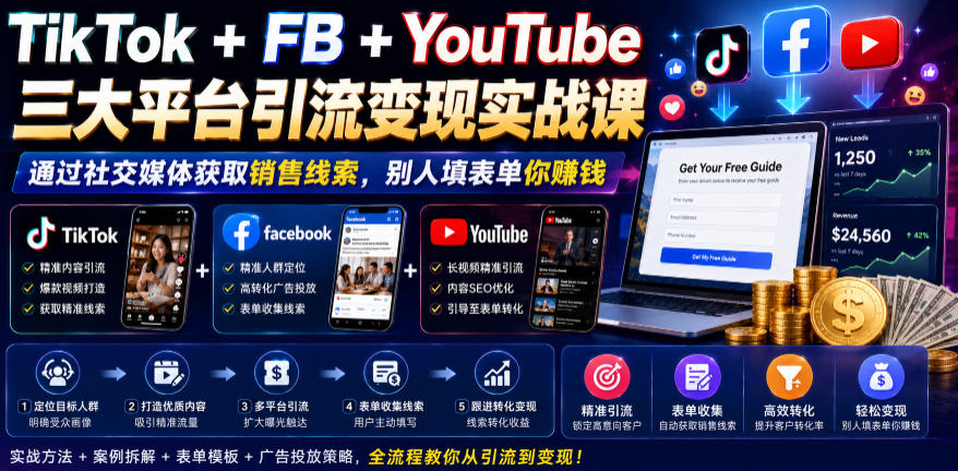 TikTok+FB+YouTube三大平台引流变现实战课，通过社交媒体获取销售线索，别人填表单你賺钱【原创双语字幕】-源创文化