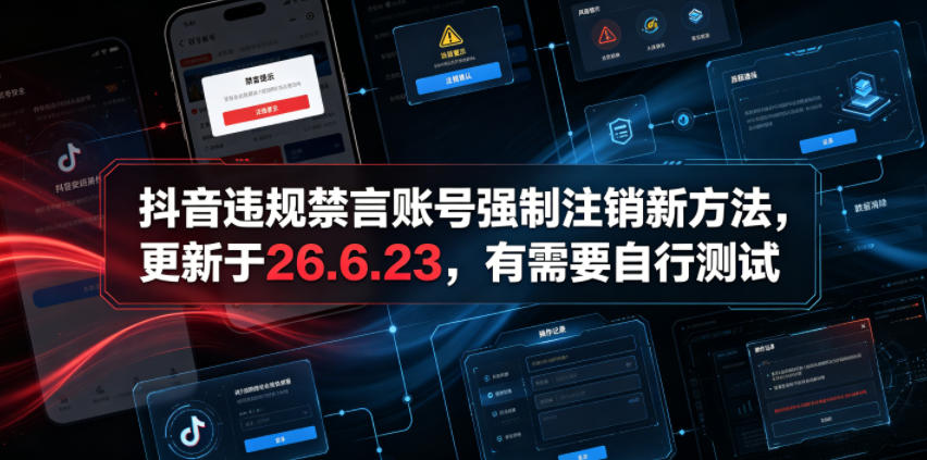 抖音违规禁言账号强制注销新方法，更新于26.6.23，有需要自行测试-源创文化