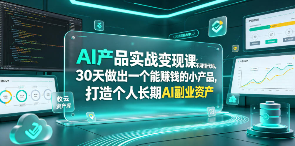 AI产品实战变现课,不用懂代码,30天做出一个能賺钱的小产品,打造个人长期AI副业资产-源创文化