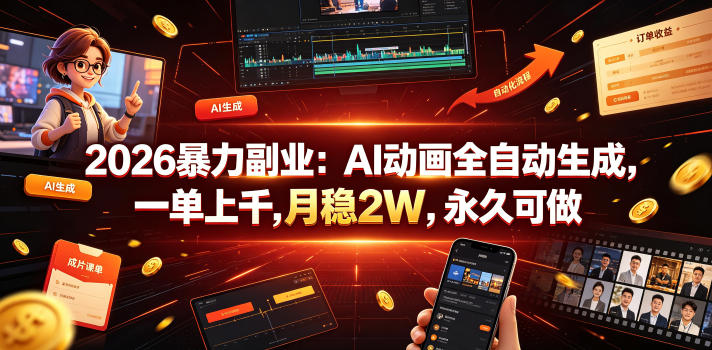 2026暴力副业：AI动画全自动生成，一单上千，月稳2W，永久可做【揭秘】-源创文化