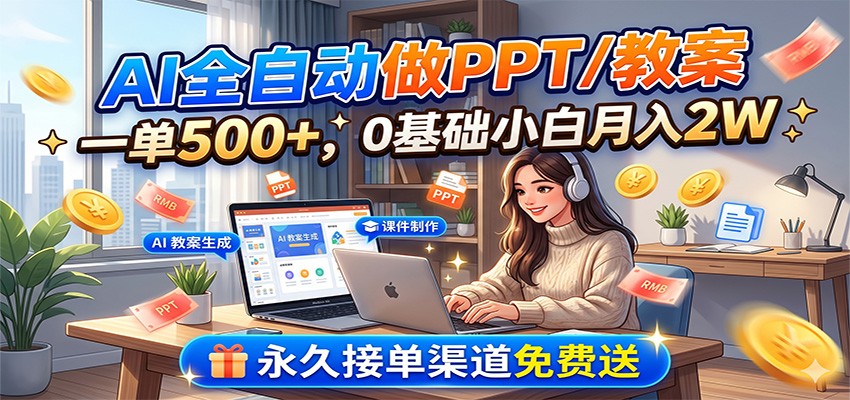 AI全自动做PPT/教案，一单500+，0基础小白月入2W，永久接单渠道免费送-源创文化