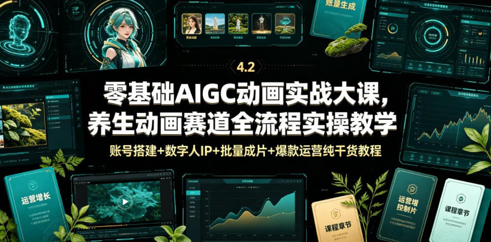 零基础AIGC动画实战大课，养生动画赛道全流程实操教学，账号搭建+数字人IP+批量成片+爆款运营纯干货教程-源创文化