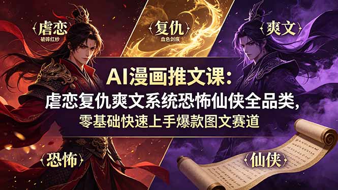 AI漫画推文课：虐恋复仇爽文系统恐怖仙侠全品类，零基础快速上手爆款图文赛道-源创文化