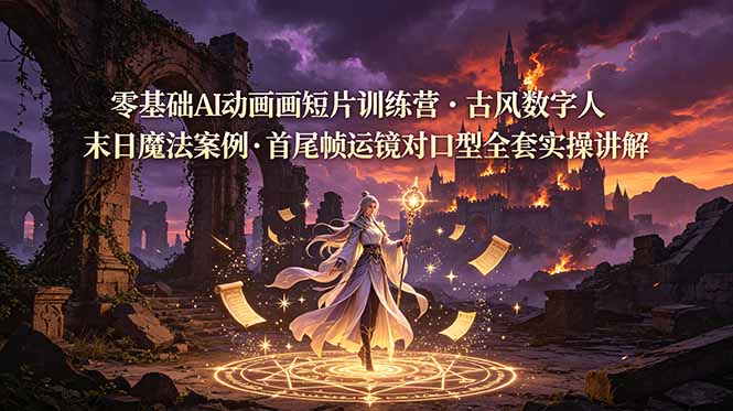 零基础AI动画短片训练营，古风数字人末日魔法案例，首尾帧运镜对口型全套实操讲解-源创文化