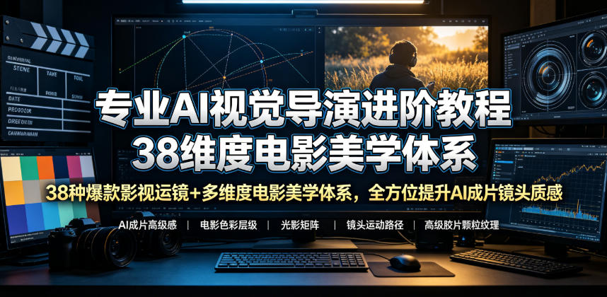 专业AI视觉导演进阶教程，38种爆款影视运镜+多维度电影美学体系，全方位提升AI成片高级感与镜头质感-源创文化