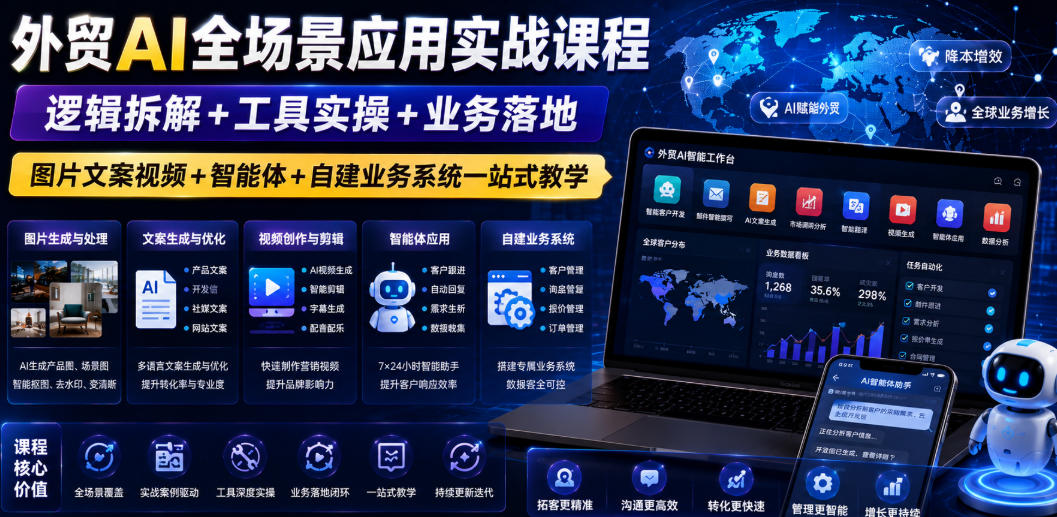 外贸AI全场景应用实战课程｜逻辑拆解+工具实操+业务落地，图片文案视频+智能体+自建业务系统一站式教学-源创文化