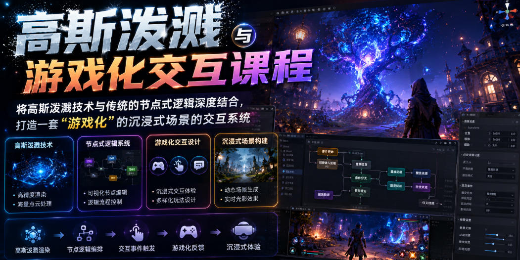 高斯泼溅与游戏化交互课程，将高斯泼溅技术与传统的节点式逻辑深度结合，打造一套“游戏化”的沉浸式场景的交互系统-源创文化