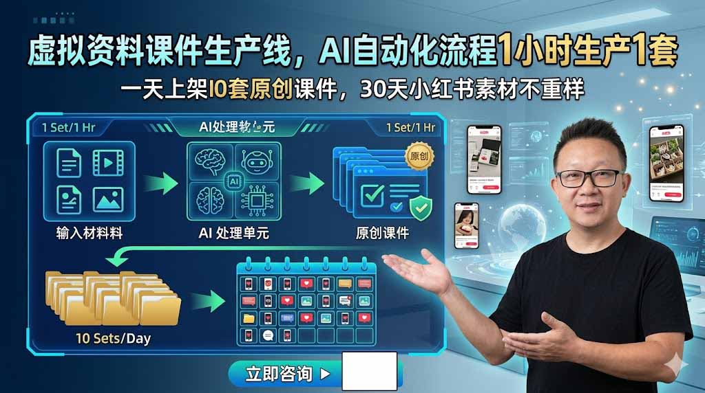 虚拟资料课件生产线，AI自动化流程1小时生产1套，一天上架10套原创课件，30天小红书素材不重样-源创文化