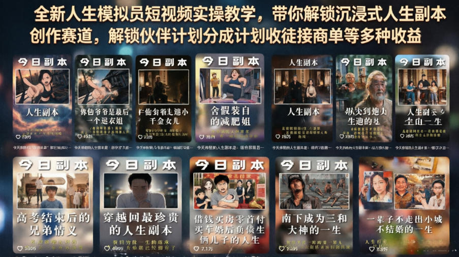 全新人生模拟员短视频实操教学，带你解锁沉浸式人生副本创作赛道，解锁伙伴计划分成计划收徒接商单等多种收益-源创文化