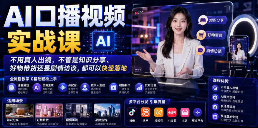 AI口播视频实战课，不用真人出镜，不管是知识分享、好物带货还是剧情访谈，都可以快速落地-源创文化