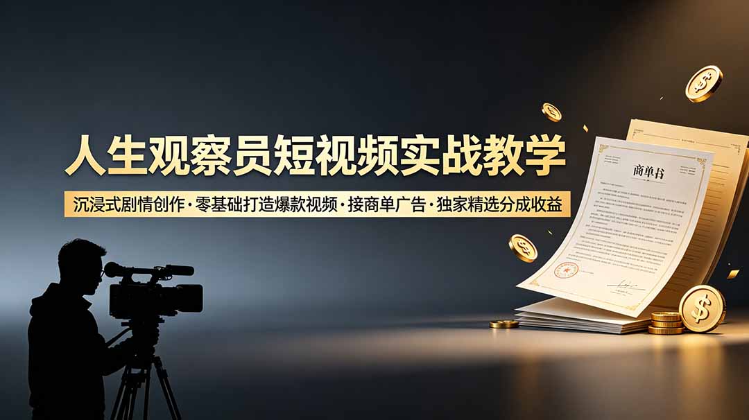 人生观察员短视频实战教学，沉浸式剧情创作，零基础打造爆款视频，接商单广告，独家精选分成收益-源创文化
