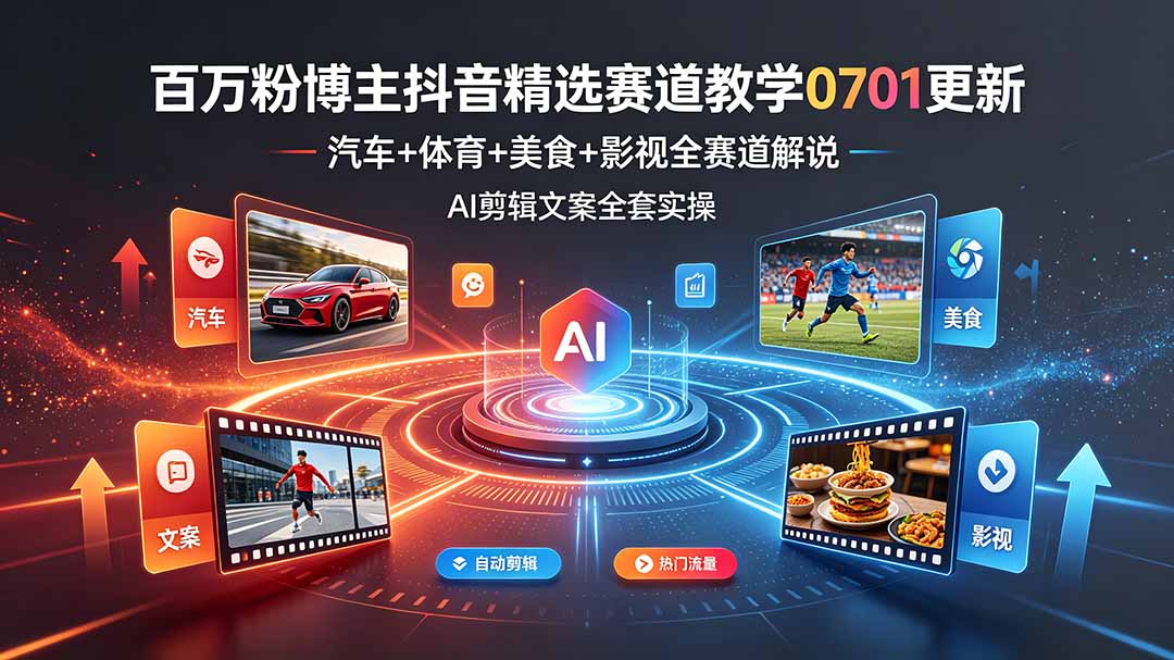 百万粉博主抖音精选赛道教学-0701更新，汽车+体育+美食+影视全赛道解说，AI剪辑文案全套实操-源创文化