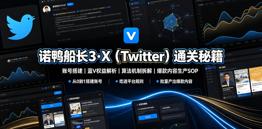 诺鸭船长3·X(Twitter)通关秘籍，涵盖账号搭建、蓝V权益解析、算法机制拆解及爆款内容生产SOP-源创文化