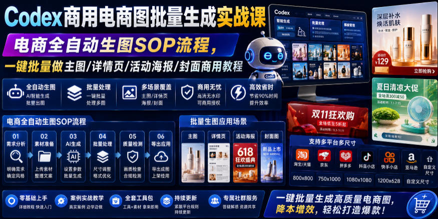 Codex商用电商图批量生成实战课｜电商全自动生图SOP流程，一键批量做主图/详情页/活动海报/封面商用教程-源创文化