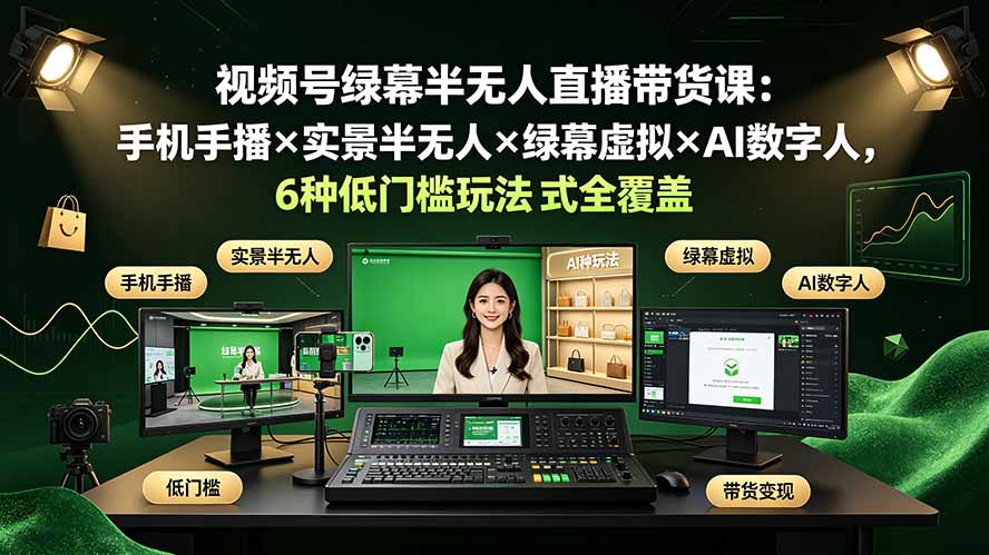视频号绿幕半无人直播带货课：手机手播×实景半无人×绿幕虚拟×AI数字人，6种低门槛玩法全覆盖-源创文化