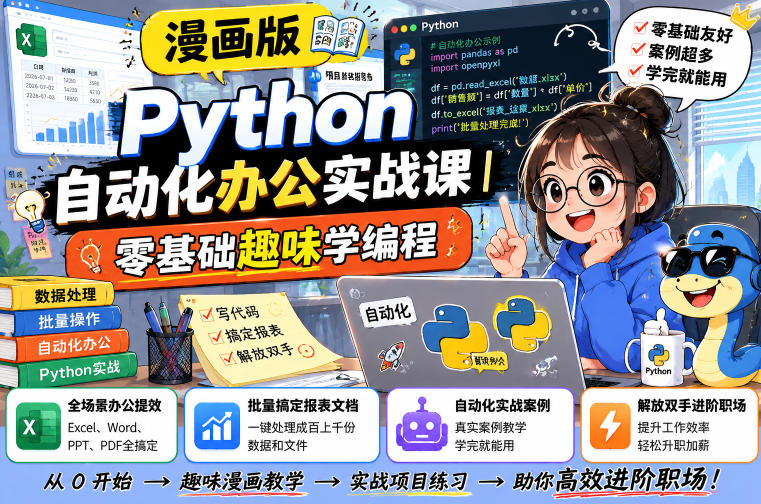 漫画版Python自动化办公实战课｜零基础趣味学编程，全场景办公提效、批量搞定报表文档、解放双手进阶职场-源创文化