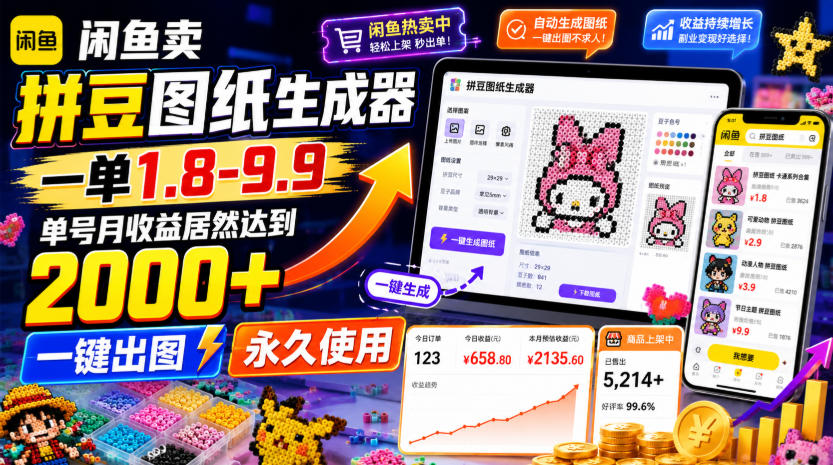 闲鱼卖拼豆图纸生成器，一单1.8-9.9，单号月收益居然达到2000+一键出图永久使用-源创文化