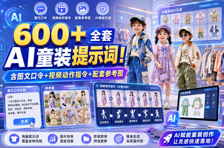 600+全套AI童装提示词！含图文口令+视频动作指令+配套参考图，Word-Excel规整分类，童装电商、种草无脑量产内容！-源创文化