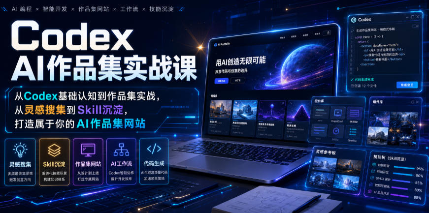 Codex AI作品集实战课，从Codex基础认知到作品集实战，从灵感搜集到Skill沉淀，打造属于你的AI作品集网站-源创文化