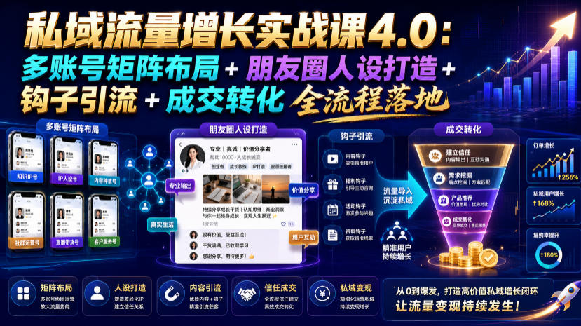 私域流量增长实战课4.0：多账号矩阵布局+朋友圈人设打造+钩子引流+成交转化全流程落地-源创文化