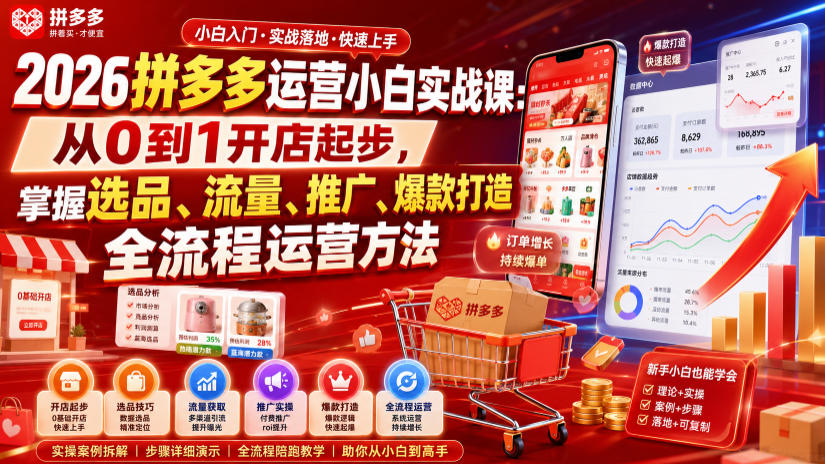 2026拼多多运营小白实战课：从0到1开店起步，掌握选品、流量、推广、爆款打造全流程运营方法-源创文化
