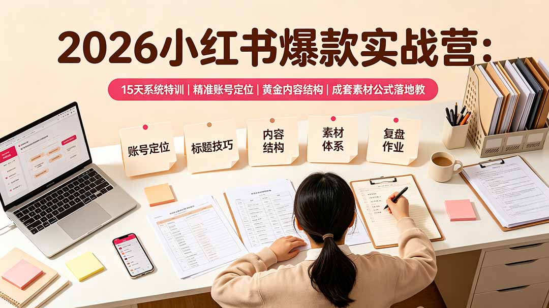 2026小红书爆款实战营：15天系统特训｜精准账号定位｜黄金内容结构｜成套素材公式落地教程-源创文化