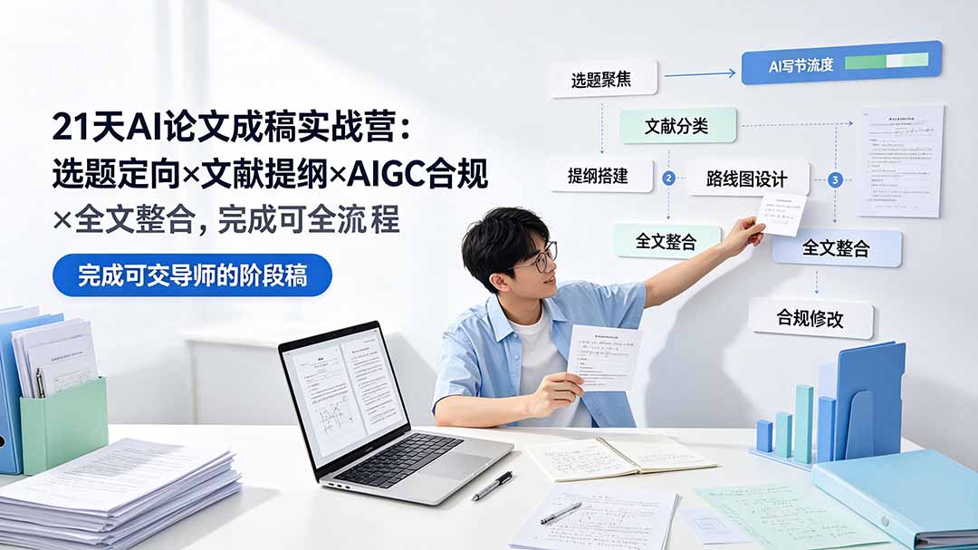 21天AI论文成稿实战营：选题定向×文献提纲×AIGC合规×全文整合，完成可交导师的阶段稿-源创文化