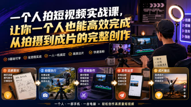 一个人拍短视频实战课，让你一个人也能高效完成从拍摄到成片的完整创作-源创文化