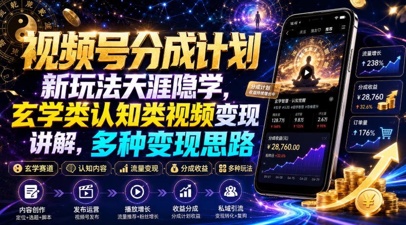 视频号分成计划新玩法天涯隐学，玄学类认知类视频变现讲解，多种变现思路-源创文化