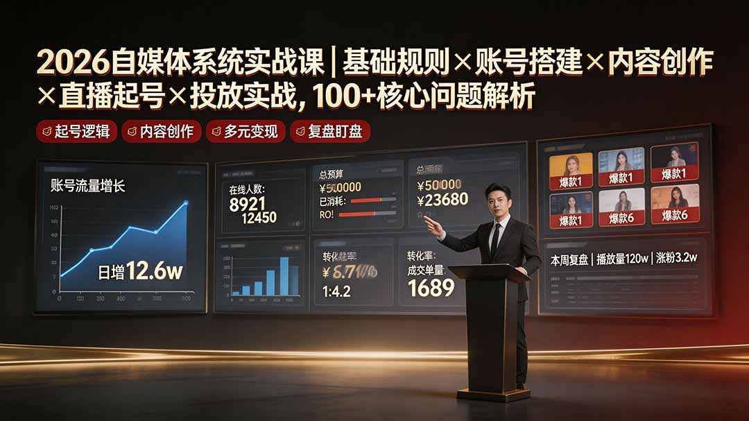 2026自媒体系统实战课｜基础规则×账号搭建×内容创作×直播起号×投放实战，100+核心问题解析-源创文化