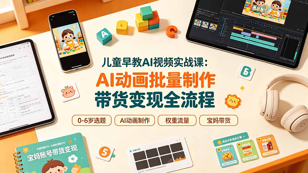 儿童早教AI视频实战课：0-6岁认知选题｜AI动画批量制作｜权重流量拉升｜宝妈账号带货变现全流程-源创文化