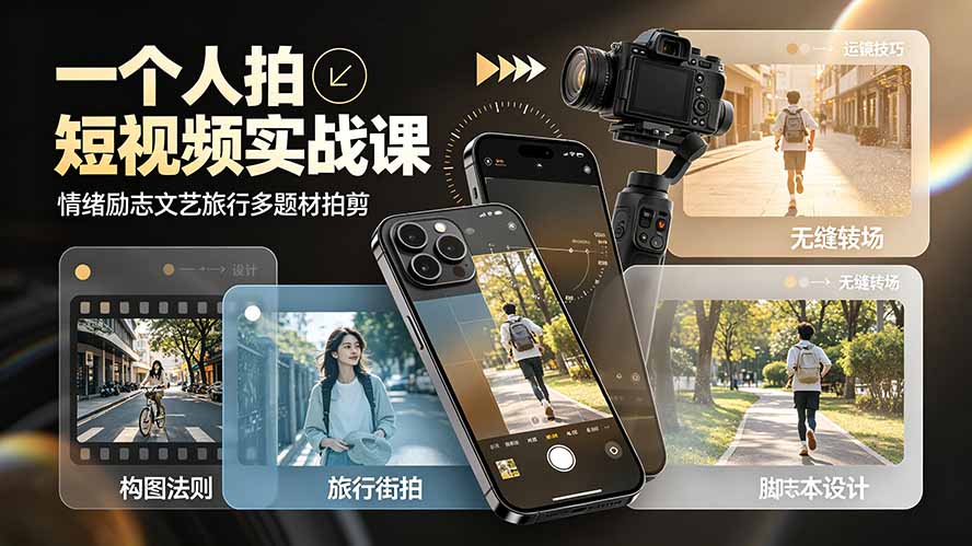 一个人拍短视频实战课：情绪励志文艺旅行多题材×五大景别×黄金构图×八大运镜，从拍摄到成片高效创作-源创文化