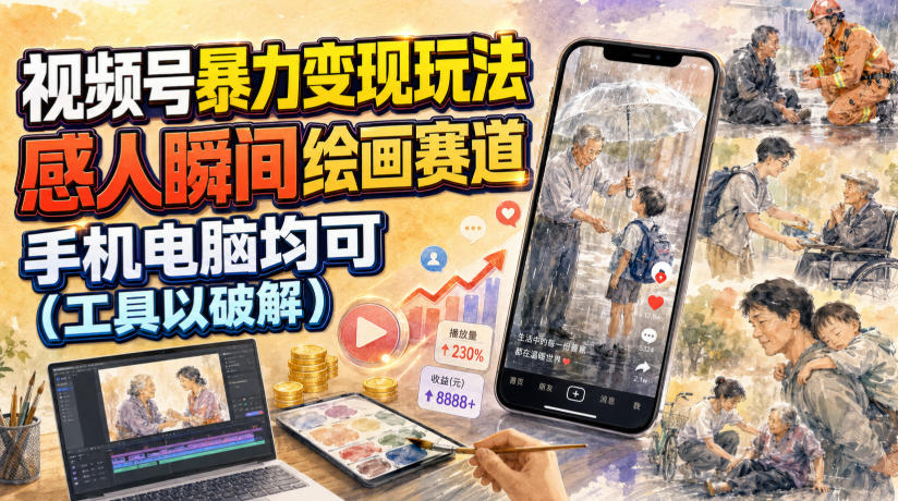 视频号暴力变现玩法，感人瞬间绘画赛道，手机电脑均可-源创文化
