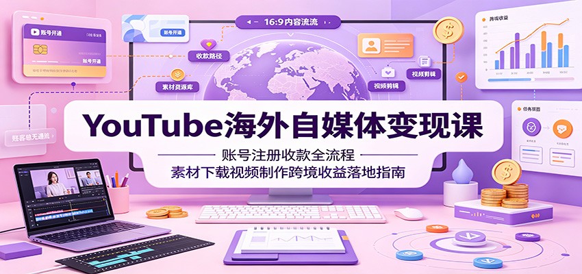 YouTube海外自媒体变现课：账号注册收款全流程，素材下载视频制作跨境收益落地指南-源创文化