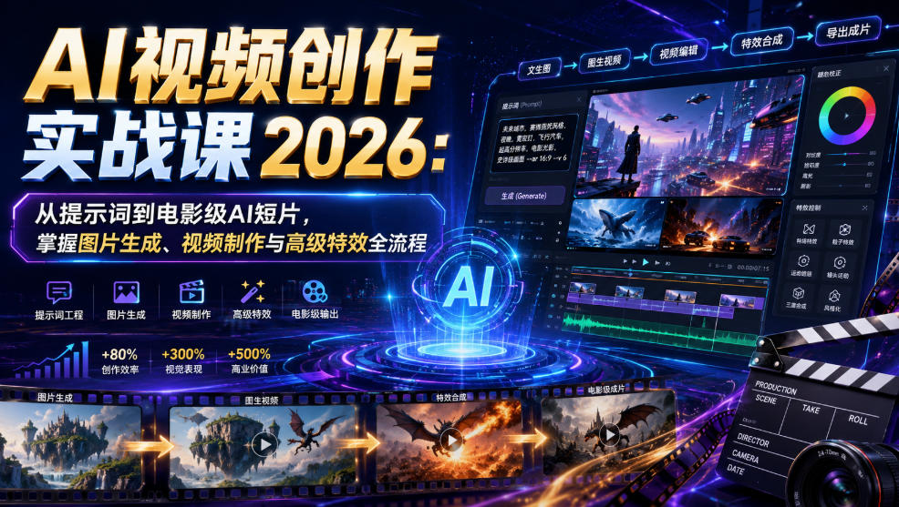 AI视频创作实战课2026:从提示词到电影级AI短片,掌握图片生成、视频制作与高级特效全流程-源创文化