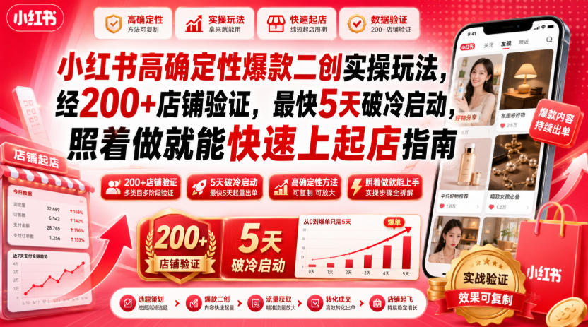 小红书高确定性爆款二创实操玩法,经200+店铺验证,最快5天破冷启动,照着做就能快速上起店指南-源创文化
