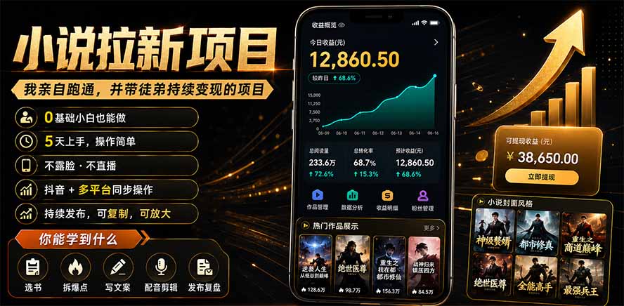 抖音及多平台小说拉新项目:我亲自跑通并持续带徒弟实操|0基础小白5天上手快速变现-源创文化