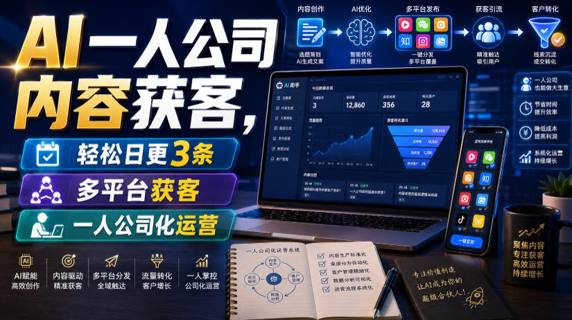 AI一人公司内容获客,轻松日更3条,多平台获客,一人公司化运营-源创文化