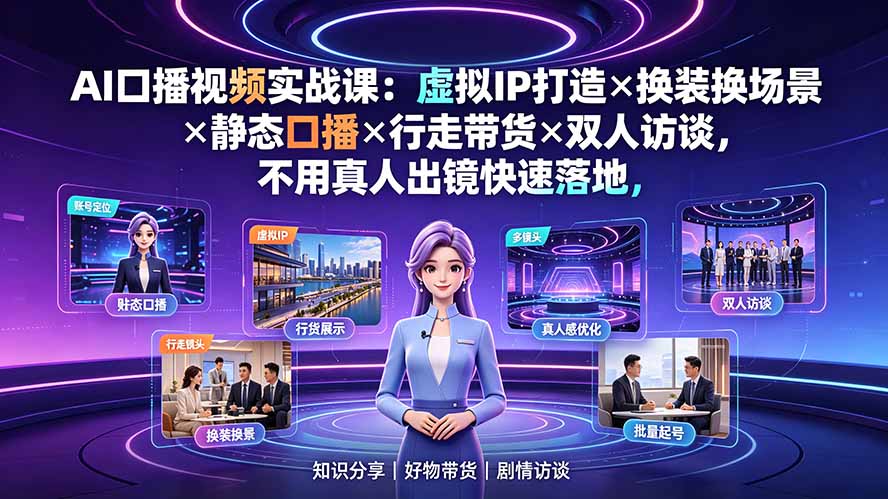 AI口播视频实战课:虚拟IP打造×换装换场景×静态口播×行走带货×双人访谈,不用真人出镜快速落地-源创文化