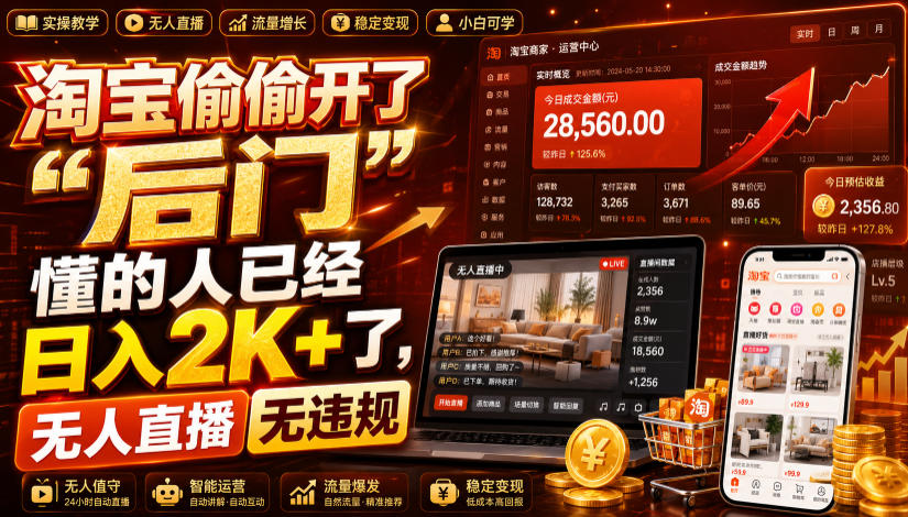 淘宝偷偷开了“后门”，懂的人已经日入2K+了，无人直播无违规，一台电脑=一家24小时营业的线上门店【揭秘】-源创文化