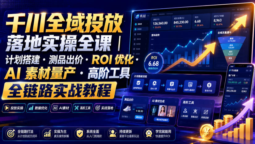 千川全域投放落地实操全课｜计划搭建・测品出价・ROI优化・AI素材量产・高阶工具全链路实战教程-源创文化